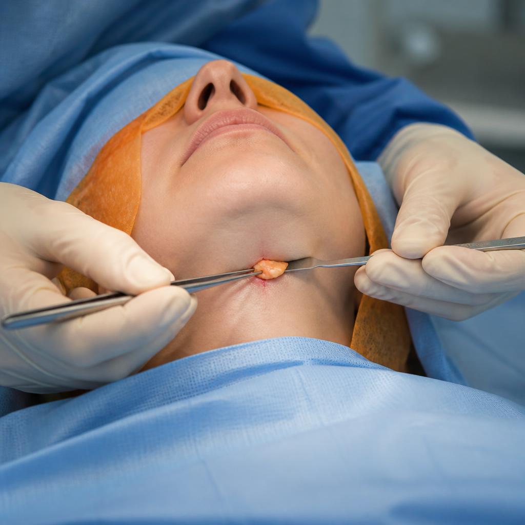 Small hidden incision under the chin during an office-based submental neck lift