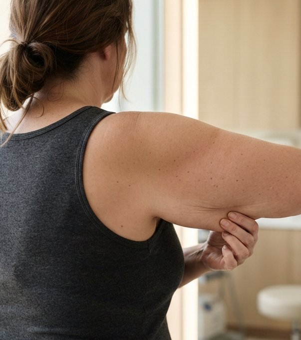 Woman examining the back of her upper arm, a common small-area liposuction concern