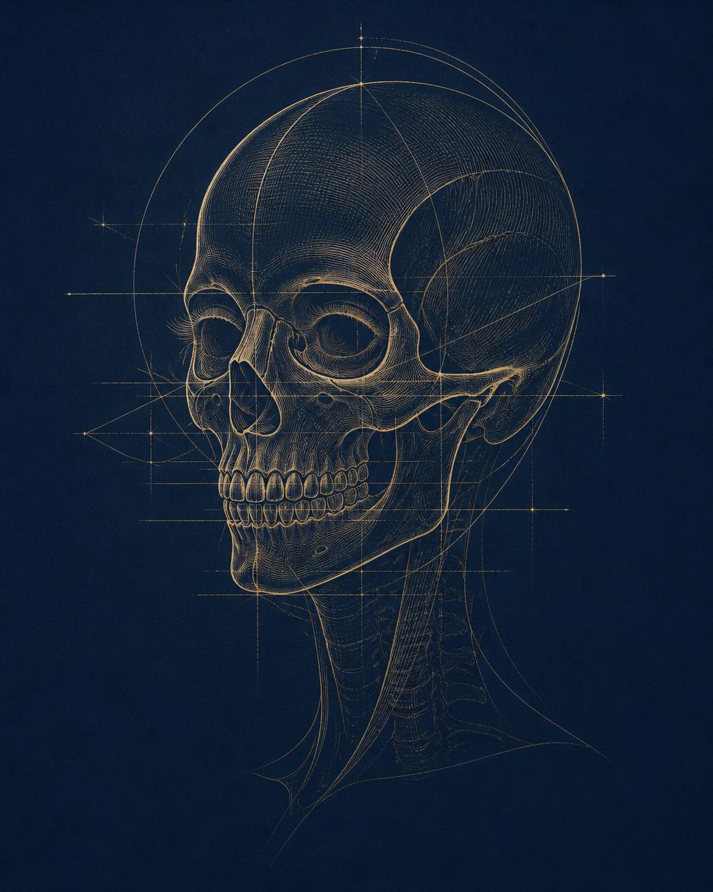 Anatomical skull line drawing with facial proportion guides used to assess an individualized surgical plan