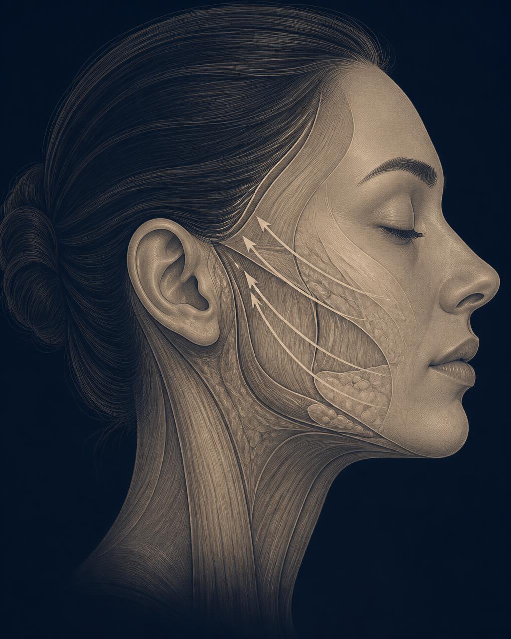 Illustration of the deeper facial tissue layers being repositioned upward along the cheek and jawline