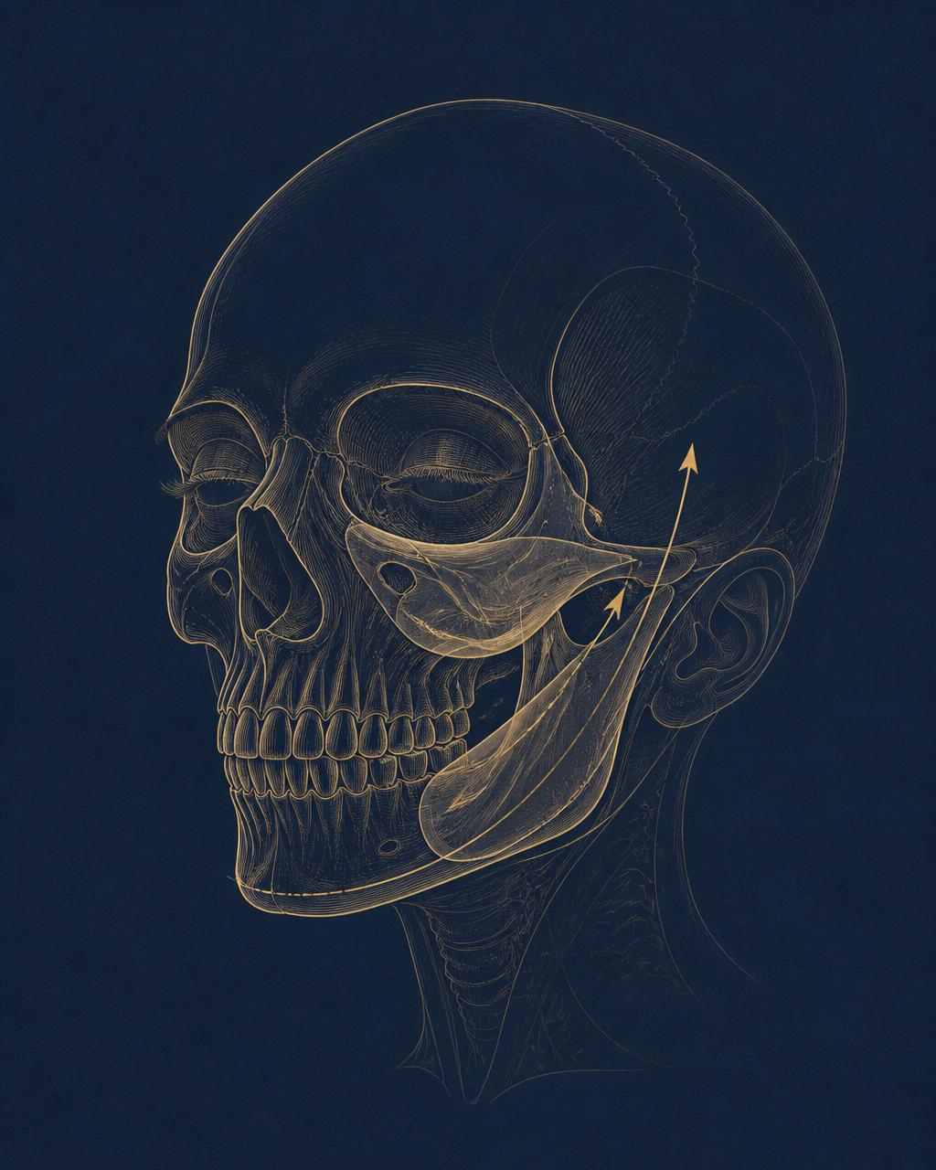 Anatomical skull line drawing showing the deeper facial plane repositioned along the cheek and jawline