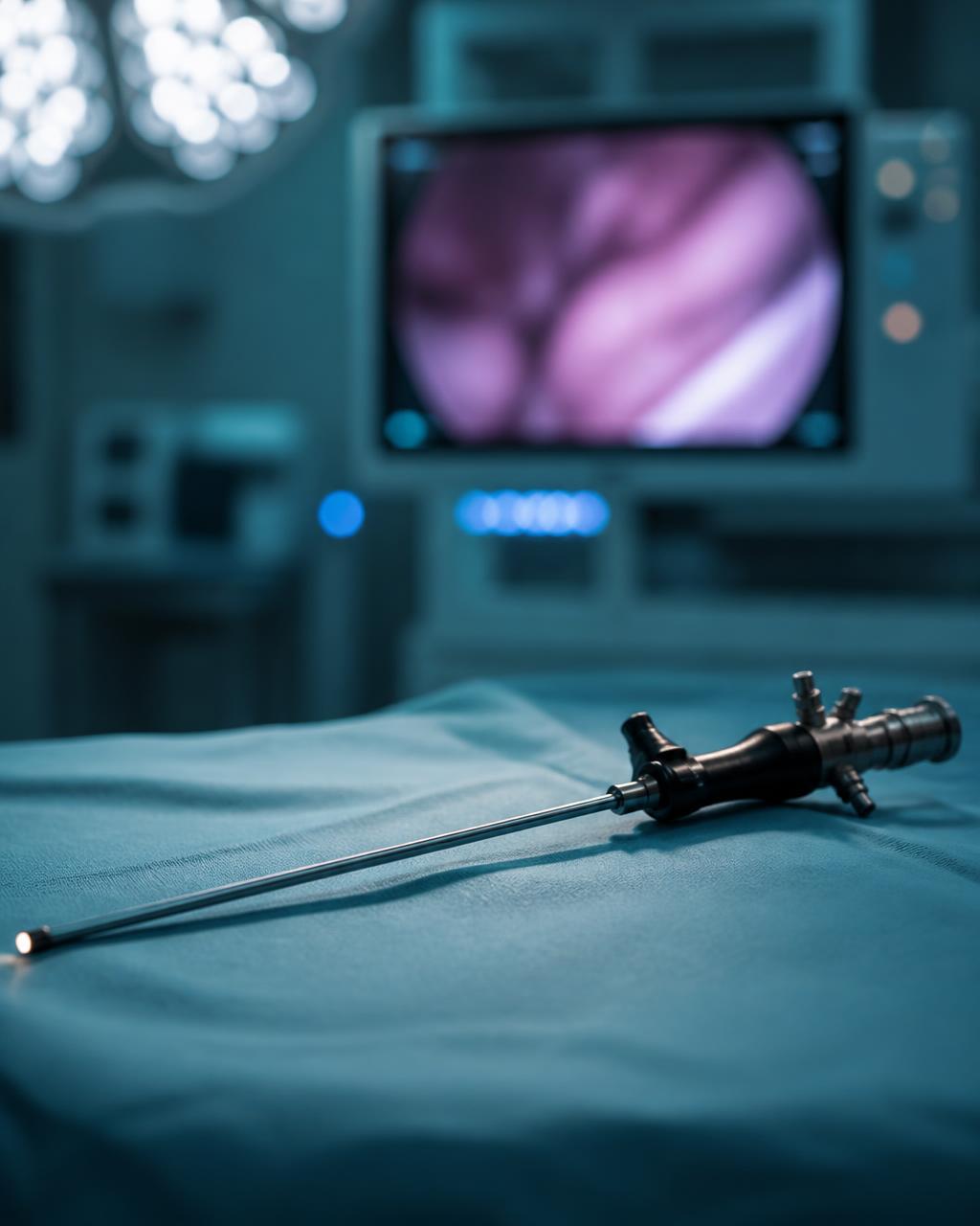 Endoscopic camera instrument on a sterile surgical drape with the monitor glowing behind it