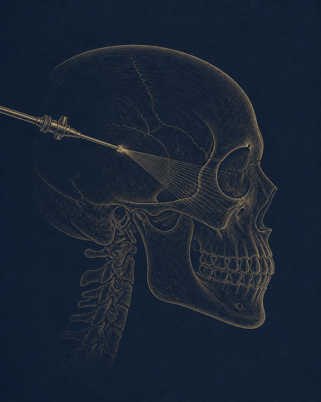 Anatomical skull line drawing showing an endoscope entering through a discreet temporal access point
