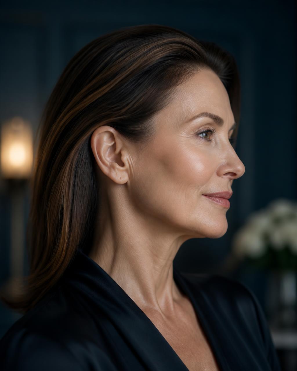 Woman with her hair tucked behind her ear, the area in front of the ear smooth and unmarked