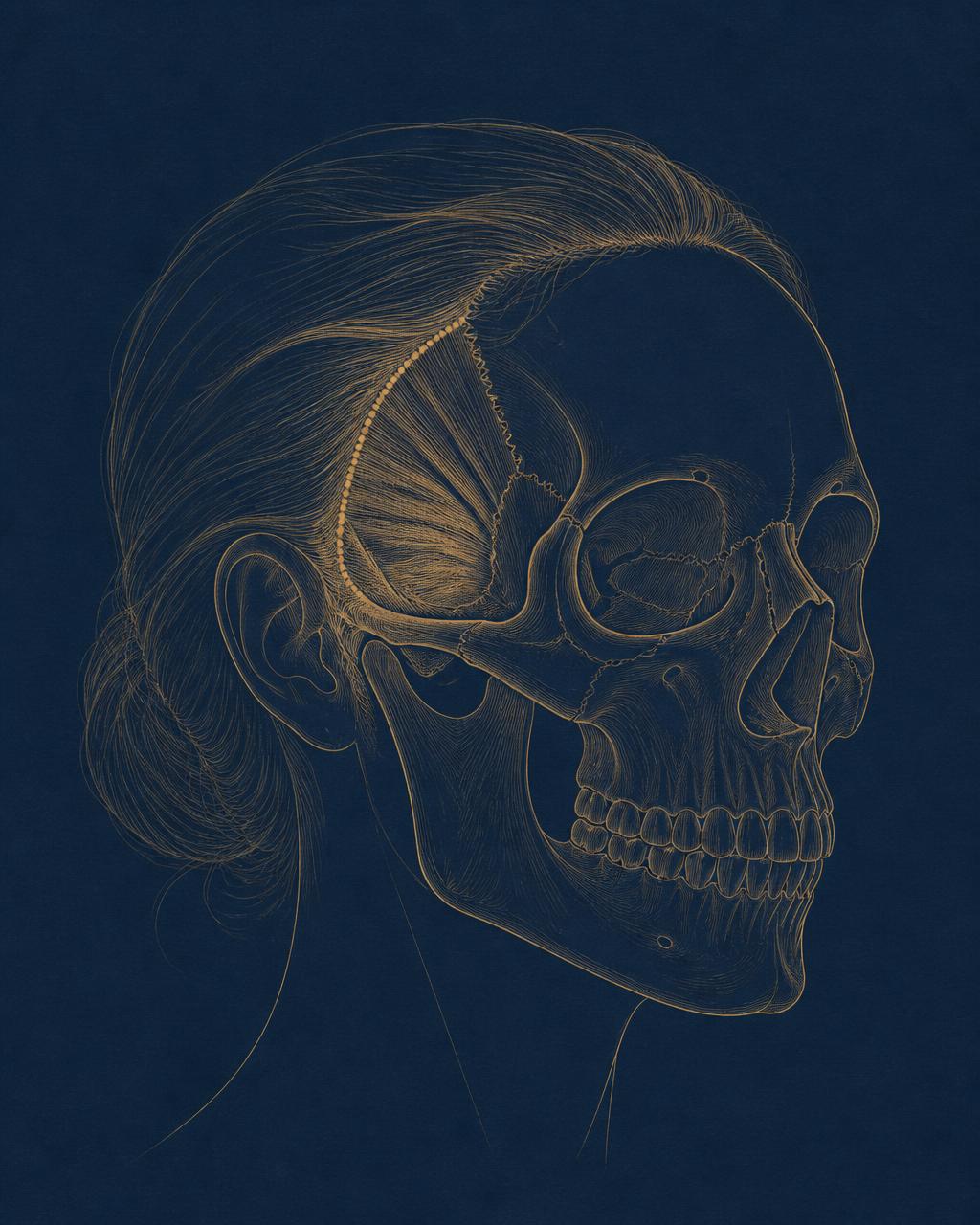 Anatomical skull line drawing showing a concealed incision path behind the temporal hairline